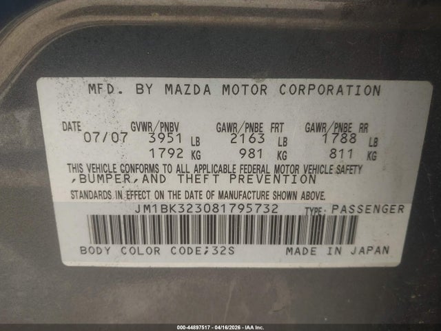 44897517 :رقم المزاد ، JM1BK323081795732 vin ، 2008 Mazda Mazda3 S Sport مزاد بيع