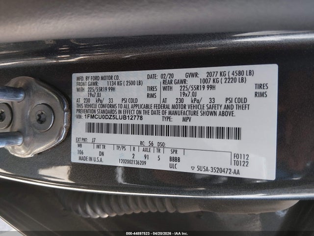 Aukcja sprzedaży 2020 Ford Escape Titanium Hybrid, vin: 1FMCU0DZ5LUB12778, numer aukcji: 44897523