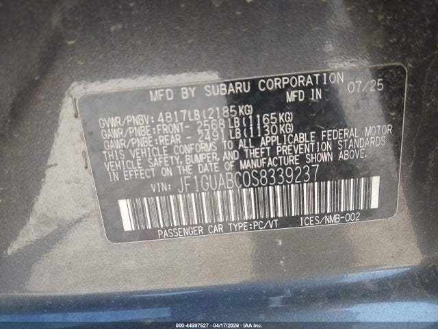Продажа на аукционе авто 2025 Subaru Impreza Base 5-door, vin: JF1GUABC0S8339237, номер лота: 44897527