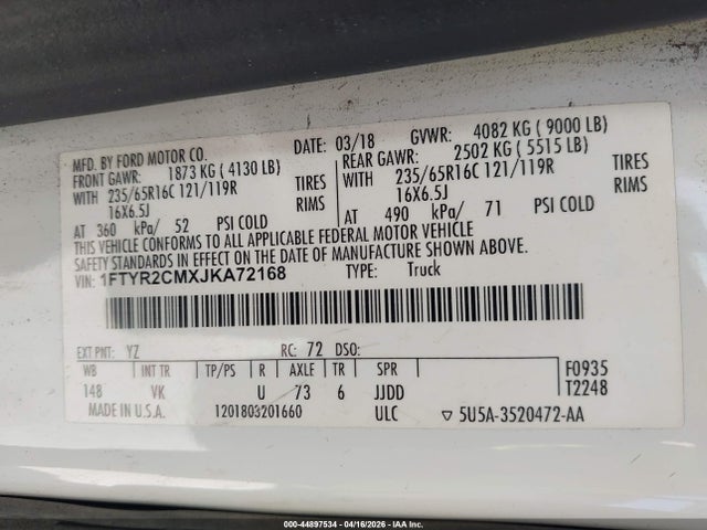 Aukcja sprzedaży 2018 Ford Transit-250, vin: 1FTYR2CMXJKA72168, numer aukcji: 44897534
