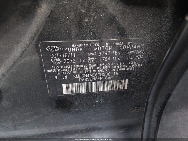 Aukcja sprzedaży 2012 Hyundai Elantra Gls (ulsan Plant), vin: KMHDH4AE6CU330116, numer aukcji: 44897544