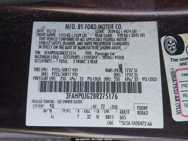 2011 FORD FUSION 3FAHP0JG2BR275176 Photo 8