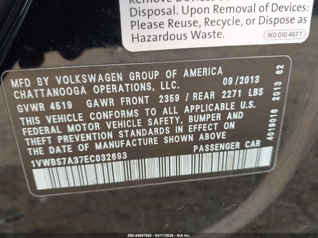 2014 Volkswagen Passat 1.8t Se მანქანა იყიდება აუქციონზე, vin: 1VWBS7A37EC032693, აუქციონის ნომერი: 44897565