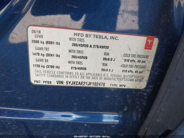 Продаж на аукціоні авто 2018 Tesla Model X 100d/75d/p100d, vin: 5YJXCAE21JF102478, номер лоту: 44897567