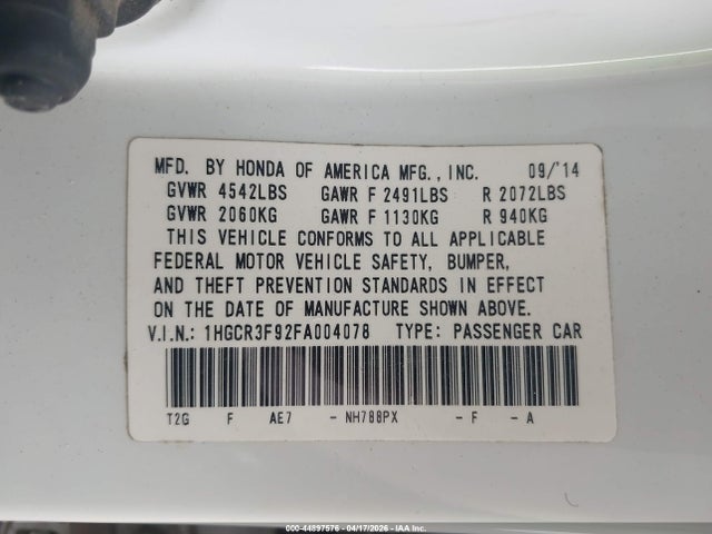 2015 Honda Accord Touring მანქანა იყიდება აუქციონზე, vin: 1HGCR3F92FA004078, აუქციონის ნომერი: 44897576