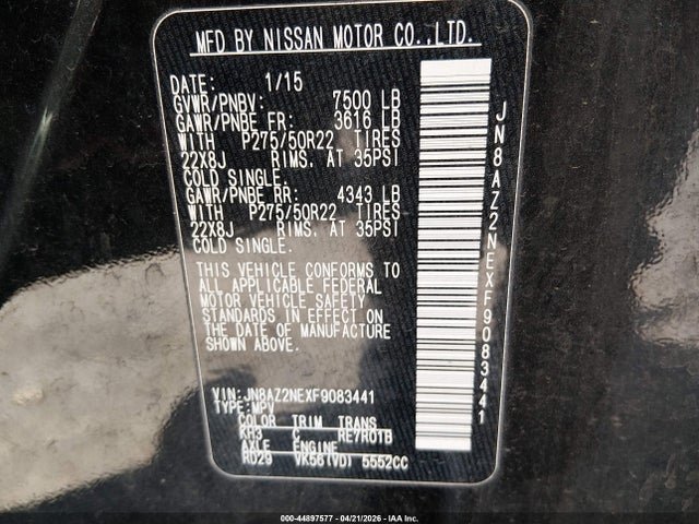 44897577 :رقم المزاد ، JN8AZ2NEXF9083441 vin ، 2015 Infiniti Qx80 مزاد بيع
