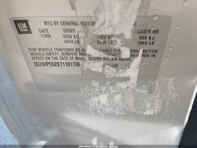 2007 Pontiac Grand Prix მანქანა იყიდება აუქციონზე, vin: 2G2WP552X71181706, აუქციონის ნომერი: 44897579