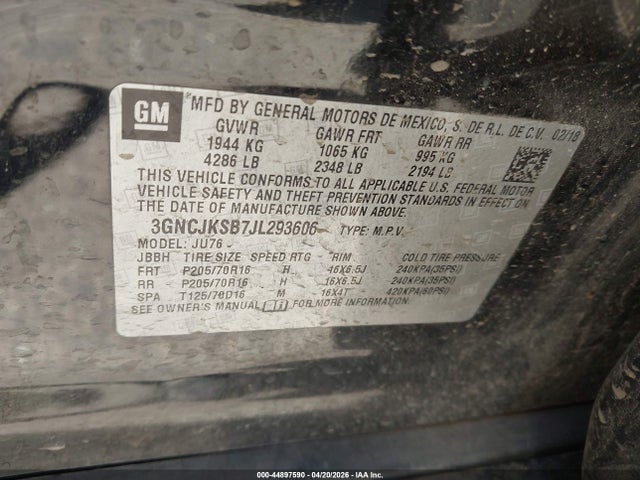 Aukcja sprzedaży 2018 Chevrolet Trax Ls, vin: 3GNCJKSB7JL293606, numer aukcji: 44897590