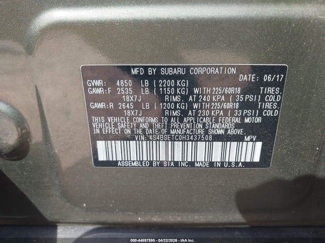 Aukcja sprzedaży 2017 Subaru Outback 3.6r Touring, vin: 4S4BSETC0H3437508, numer aukcji: 44897595