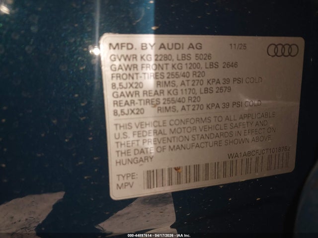 2026 Audi Q3 Tfsi Quattro S Tronic მანქანა იყიდება აუქციონზე, vin: WA1ABCFJ0T1018782, აუქციონის ნომერი: 44897614