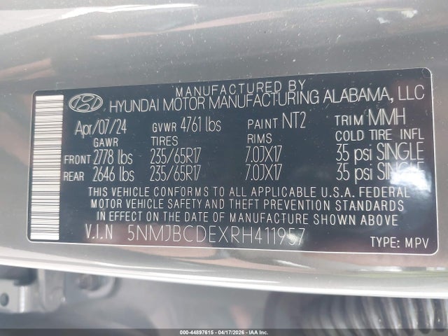 Aukcja sprzedaży 2024 Hyundai Tucson Sel, vin: 5NMJBCDEXRH411957, numer aukcji: 44897615