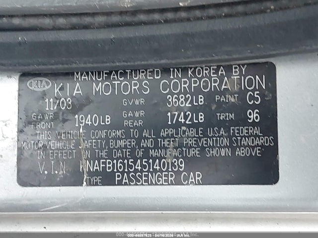 Продажа на аукционе авто 2004 Kia Spectra Gs/gsx, vin: KNAFB161545140139, номер лота: 44897625