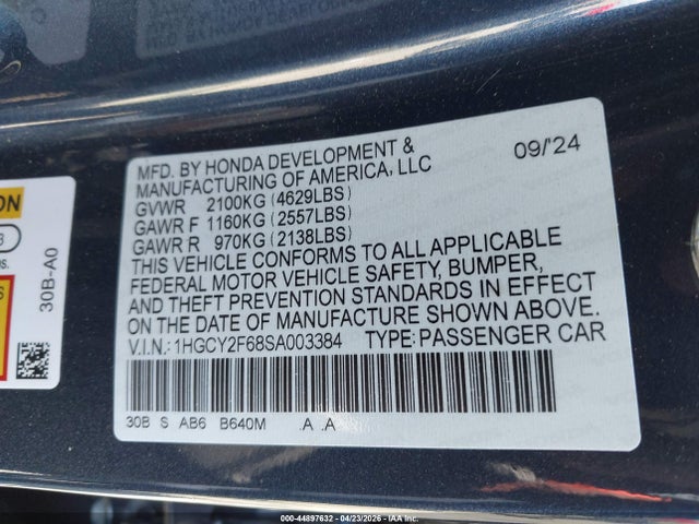 1HGCY2F68SA003384 Honda Accord Hybrid Ex-l