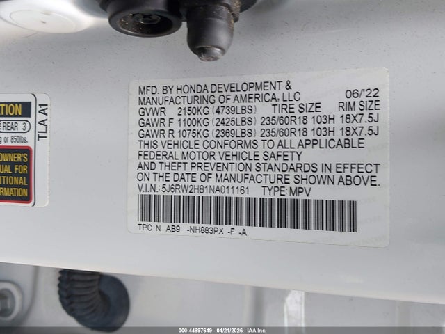 44897649 :رقم المزاد ، 5J6RW2H81NA011161 vin ، 2022 Honda Cr-v Awd Ex-l مزاد بيع
