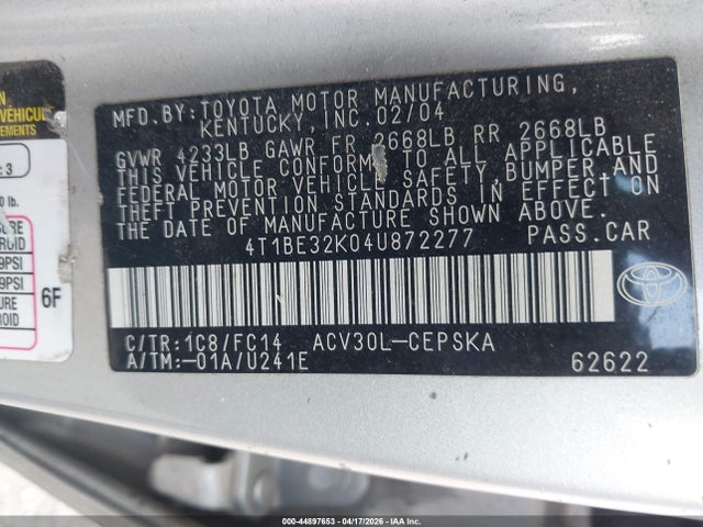 Продажа на аукционе авто 2004 Toyota Camry Se, vin: 4T1BE32K04U872277, номер лота: 44897653