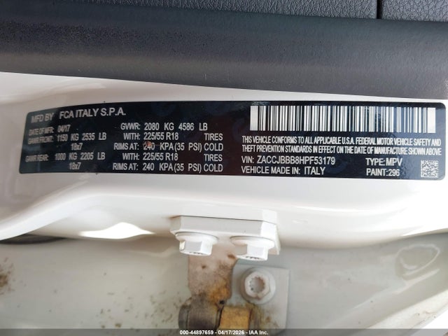 44897659 :رقم المزاد ، ZACCJBBB8HPF53179 vin ، 2017 Jeep Renegade Altitude 4x4 مزاد بيع