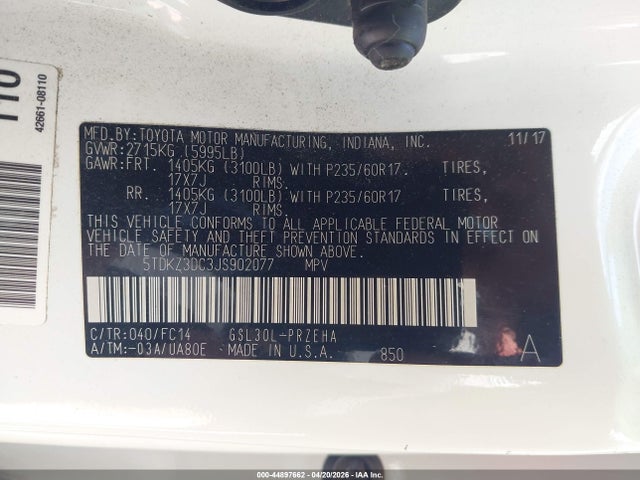 Продажа на аукционе авто 2018 Toyota Sienna Le 8 Passenger, vin: 5TDKZ3DC3JS902077, номер лота: 44897662