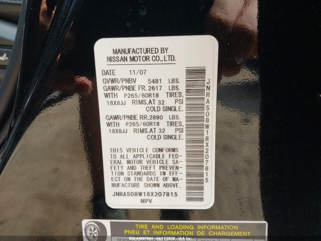 Продаж на аукціоні авто 2008 Infiniti Fx35, vin: JNRAS08W18X207815, номер лоту: 44897664