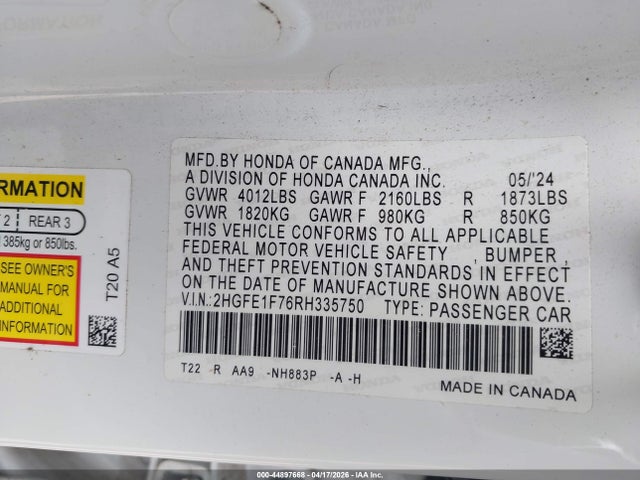 Продажа на аукционе авто 2024 Honda Civic Ex, vin: 2HGFE1F76RH335750, номер лота: 44897668