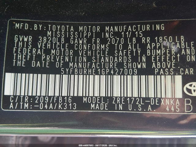 5YFBURHE1GP427009 Toyota COROLLA LE