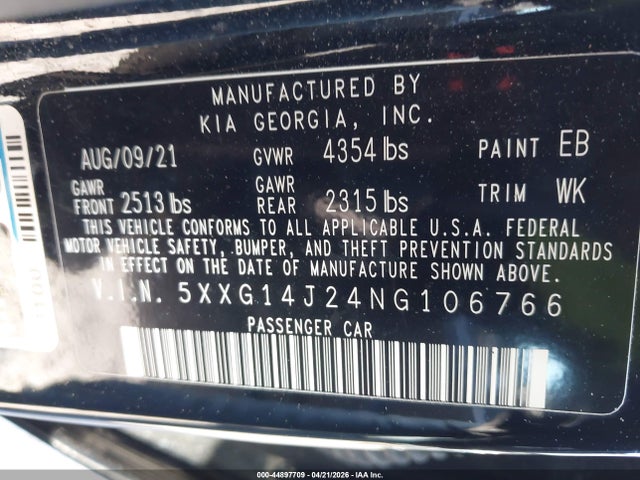 Aukcja sprzedaży 2022 Kia K5 Lxs, vin: 5XXG14J24NG106766, numer aukcji: 44897709