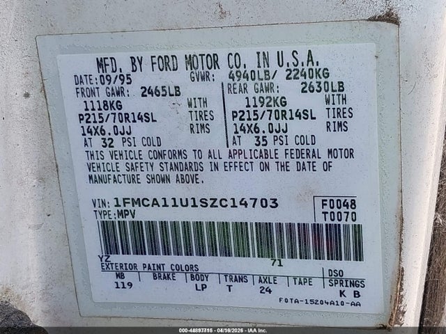 Aukcja sprzedaży 1995 Ford Aerostar, vin: 1FMCA11U1SZC14703, numer aukcji: 44897715
