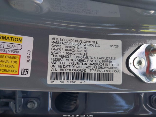 Продаж на аукціоні авто 2026 Honda Accord Se, vin: 1HGCY1F43TA003593, номер лоту: 44897722