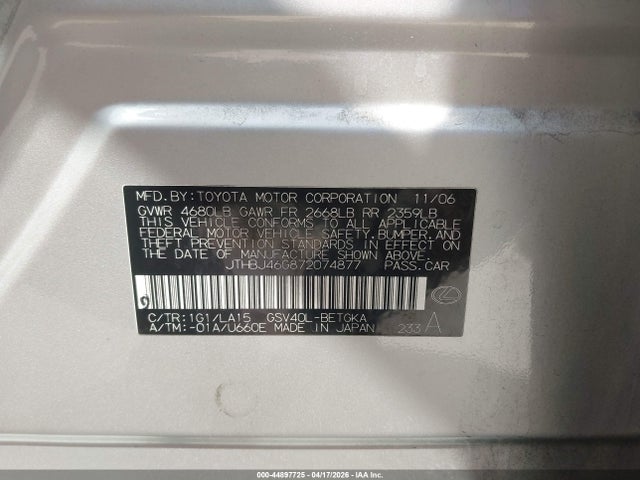 Aukcja sprzedaży 2007 Lexus Es 350, vin: JTHBJ46G872074877, numer aukcji: 44897725