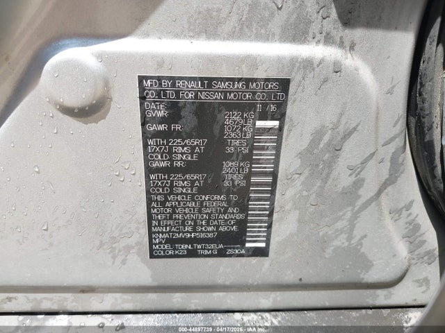 44897739 :رقم المزاد ، KNMAT2MV9HP516387 vin ، 2017 Nissan Rogue Sv مزاد بيع