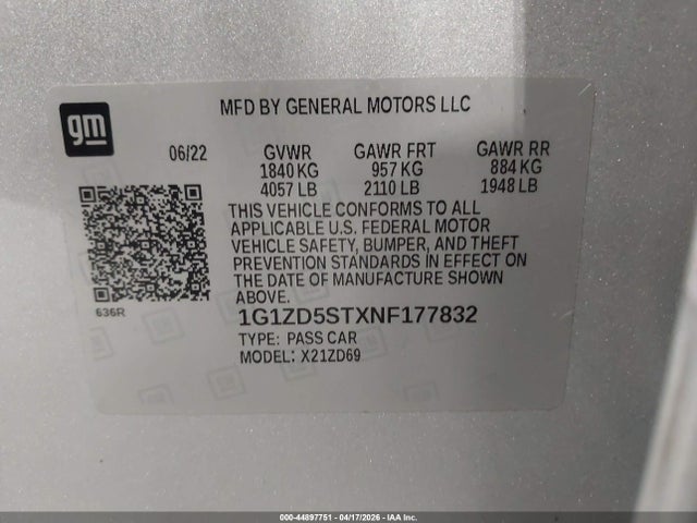 Aukcja sprzedaży 2022 Chevrolet Malibu Fwd Lt, vin: 1G1ZD5STXNF177832, numer aukcji: 44897751