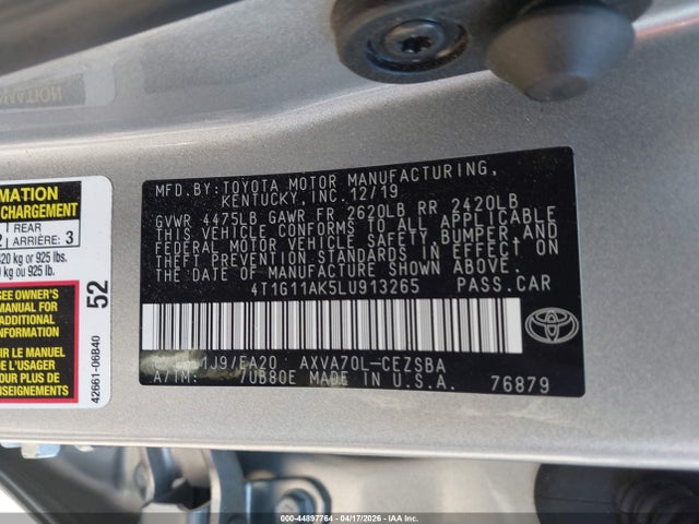 Продаж на аукціоні авто 2020 Toyota Camry Se, vin: 4T1G11AK5LU913265, номер лоту: 44897764