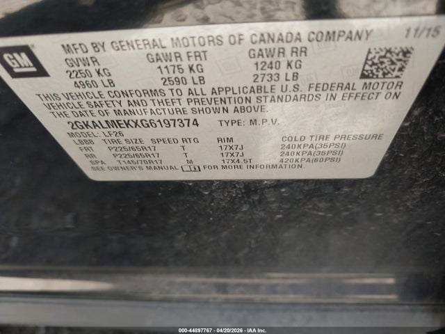 Продажа на аукционе авто 2016 Gmc Terrain Sle-1, vin: 2GKALMEKXG6197374, номер лота: 44897767