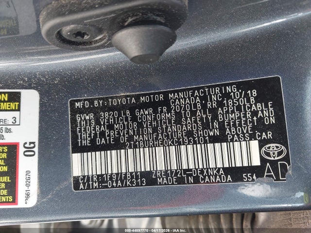 2T1BURHE0KC193101 Toyota COROLLA LE