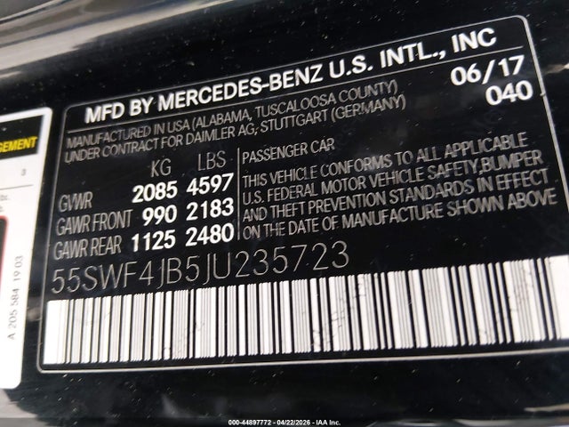 Продажа на аукционе авто 2018 Mercedes-benz C 300, vin: 55SWF4JB5JU235723, номер лота: 44897772
