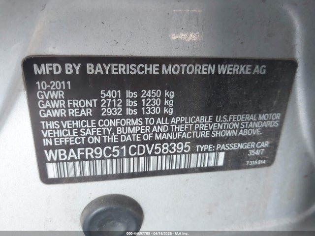 44897788 :رقم المزاد ، WBAFR9C51CDV58395 vin ، 2012 Bmw 550i مزاد بيع