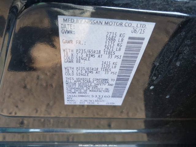 2015 Infiniti Qx60 მანქანა იყიდება აუქციონზე, vin: 5N1AL0MM6FC533160, აუქციონის ნომერი: 44897791