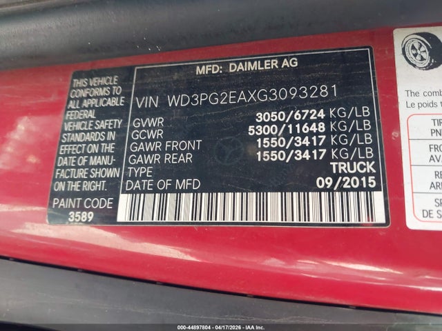 Aukcja sprzedaży 2016 Mercedes-benz Metris, vin: WD3PG2EAXG3093281, numer aukcji: 44897804