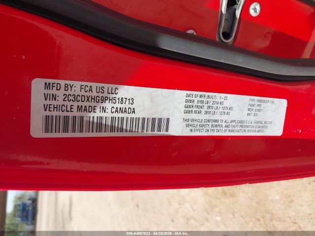 Продажа на аукционе авто 2023 Dodge Charger Gt, vin: 2C3CDXHG9PH518713, номер лота: 44897822
