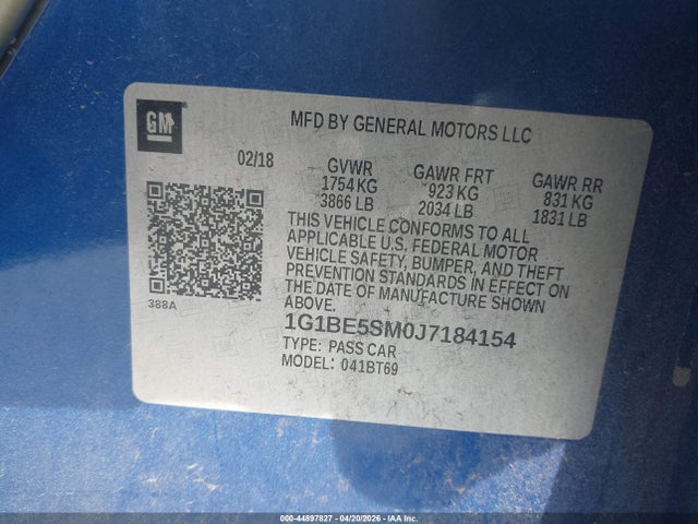 44897827 :رقم المزاد ، 1G1BE5SM0J7184154 vin ، 2018 Chevrolet Cruze Lt Auto مزاد بيع
