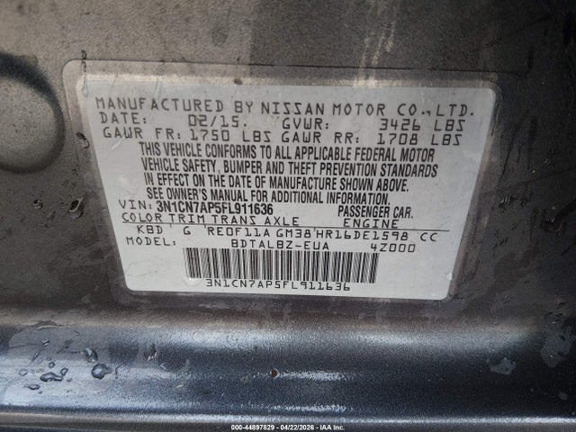 Продажа на аукционе авто 2015 Nissan Versa 1.6 Sv, vin: 3N1CN7AP5FL911636, номер лота: 44897829