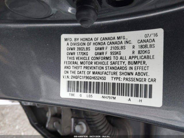 Honda Civic Touring 2016 2HGFC1F96GH652450 Image 9