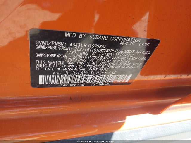 Auction sale of the 2020 Subaru Crosstrek, vin: JF2GTABCXLH266734, lot number: 44897855