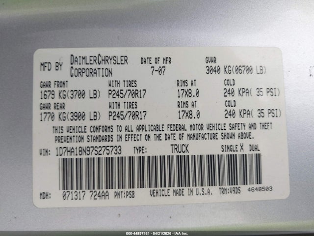Продаж на аукціоні авто 2007 Dodge Ram 1500 Slt, vin: 1D7HA18N97S275733, номер лоту: 44897861