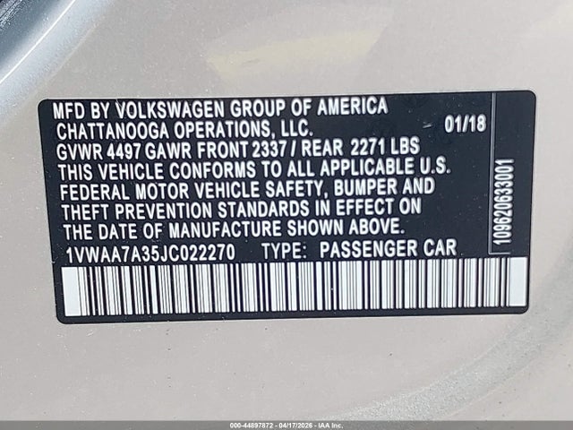 Продаж на аукціоні авто 2018 Volkswagen Passat 2.0t R-line/2.0t S, vin: 1VWAA7A35JC022270, номер лоту: 44897872