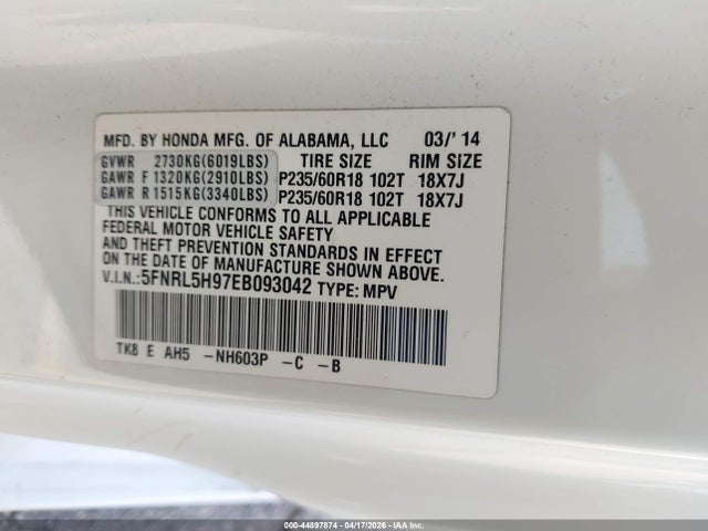 5FNRL5H97EB093042 Honda Odyssey Touring/touring Elite