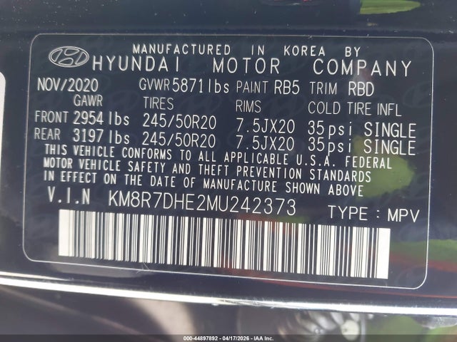 2021 Hyundai Palisade Calligraphy მანქანა იყიდება აუქციონზე, vin: KM8R7DHE2MU242373, აუქციონის ნომერი: 44897892
