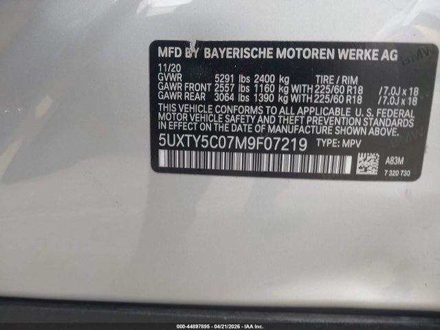 BMW X3 Xdrive30i 2021 5UXTY5C07M9F07219 Image 9