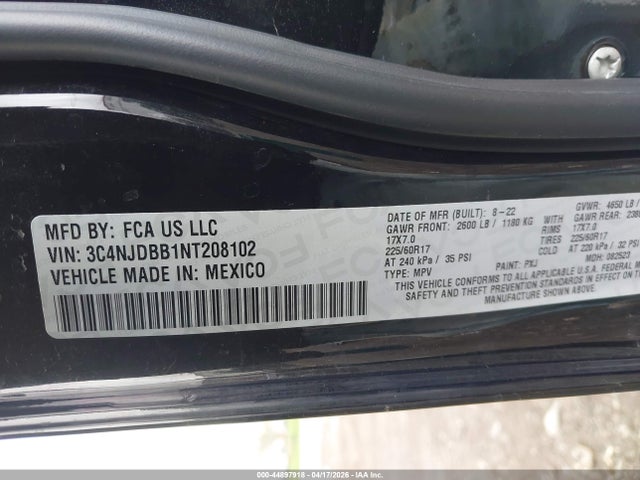 2022 Jeep Compass Latitude 4x4 მანქანა იყიდება აუქციონზე, vin: 3C4NJDBB1NT208102, აუქციონის ნომერი: 44897918