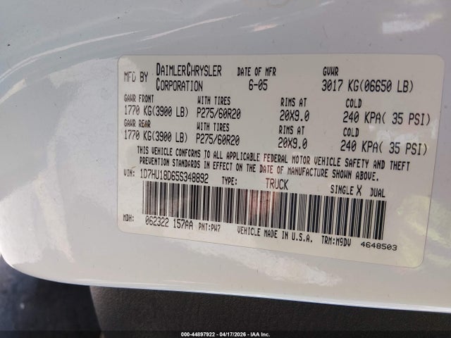2005 Dodge Ram 1500 Slt/laramie მანქანა იყიდება აუქციონზე, vin: 1D7HU18D65S348892, აუქციონის ნომერი: 44897922