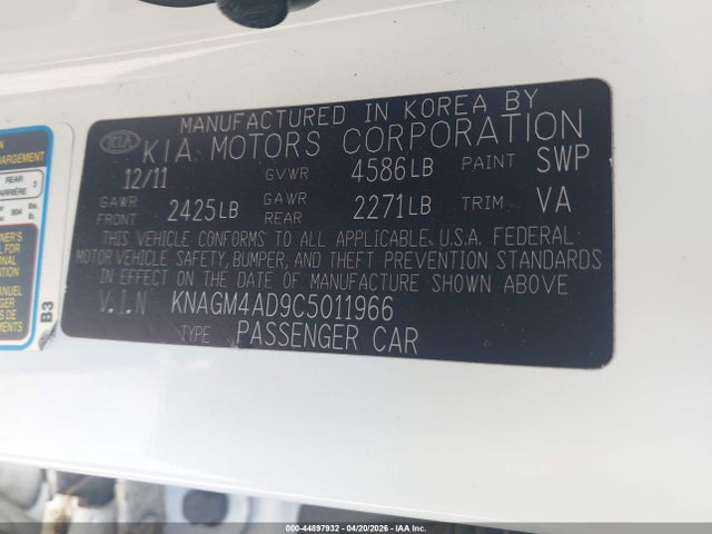 44897932 :رقم المزاد ، KNAGM4AD9C5011966 vin ، 2012 Kia Optima Hybrid Ex مزاد بيع